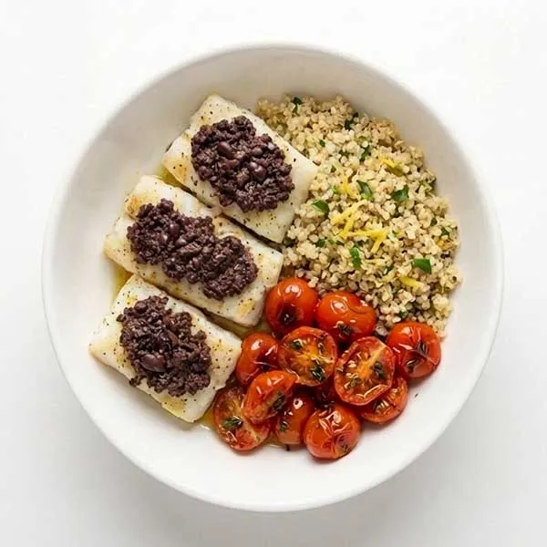 Baked Fish Tapenade with Lemon Herb Quinoa & Cherry Tomatoes